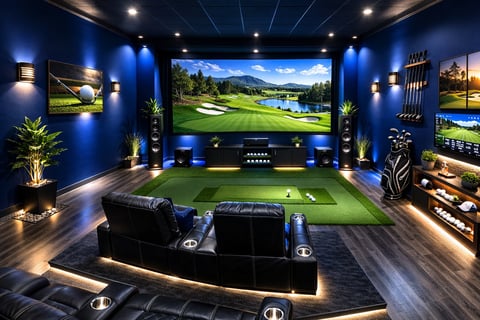 A luxury home golf simulator room with blue walls, black leather seating, golf ball practice surface, and large display screen showing a golf course.