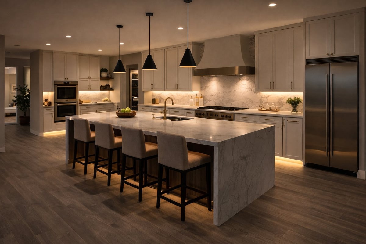 Modern luxury kitchen with white cabinetry, marble island, black pendant lights, stainless steel appliances, and wood flooring