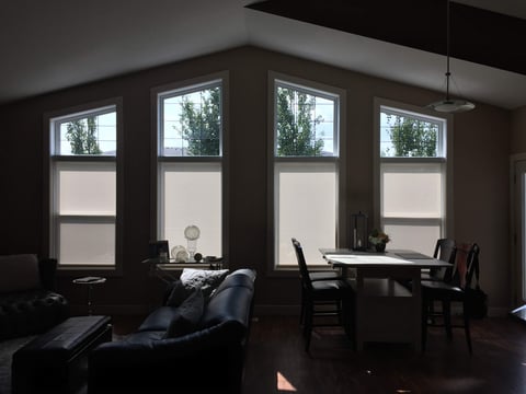 Modern minimalist room with large windows, black dining table with chairs, and dark couch against brown walls