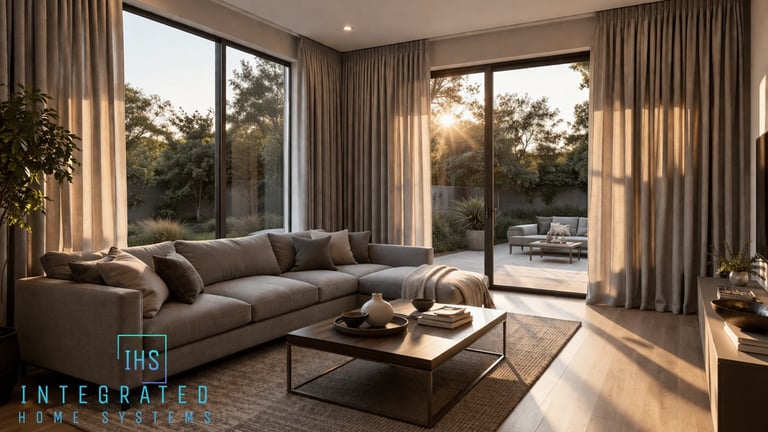 Modern living room with gray sectional sofa, coffee table, and large windows overlooking outdoor landscape at sunset